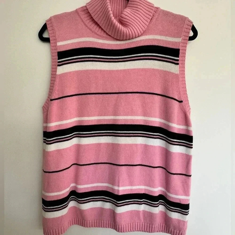Vintage Pink Striped Turtleneck Sweater Vest - Size XL